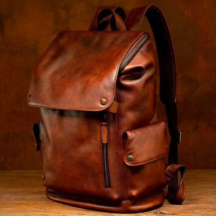 Retro Genuine Leather Men's Backpack Casual Soft C...
