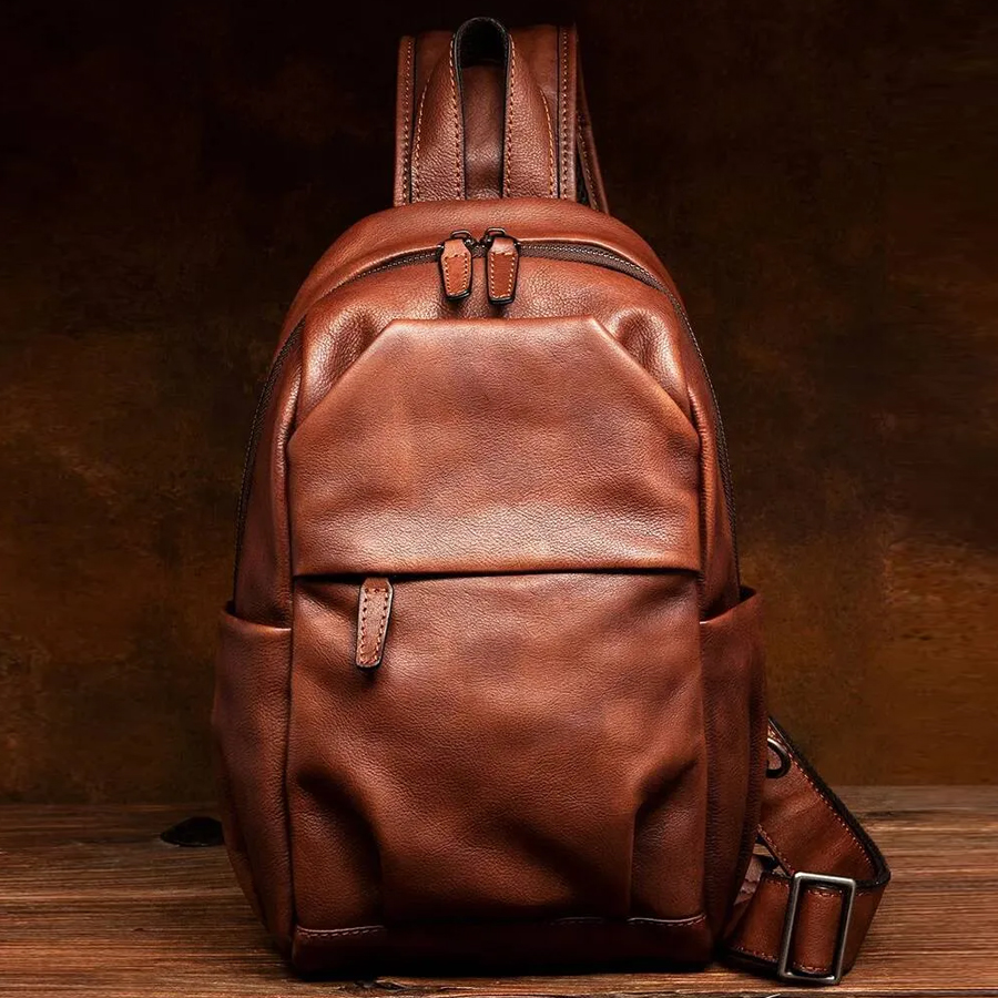 Genuine Leather Men's Chest Bag Retro Soft Cowhide...