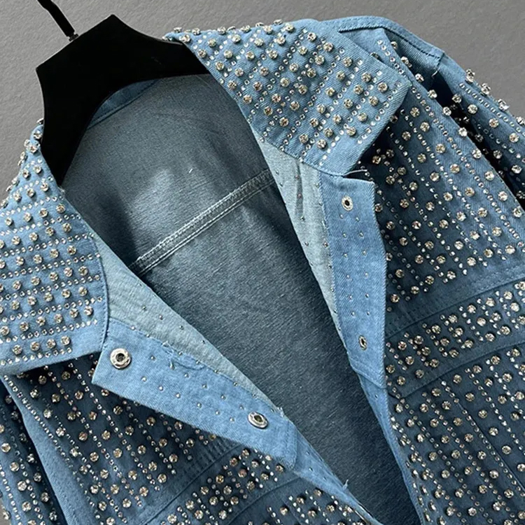 Women's Denim Jacket - Streetwear Rivet Spliced Collar Fashion Loose Fit Long Sleeve Coat