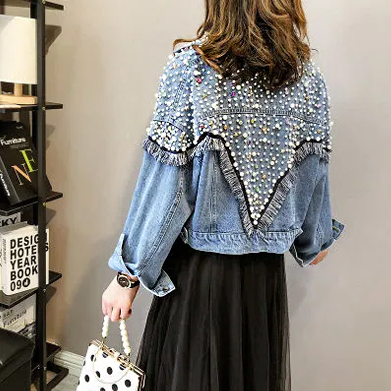 Women's Spring Autumn Denim Jacket - Streetwear Studded Pearls Punk Tassel Short Loose Jean Coat Veste Femme
