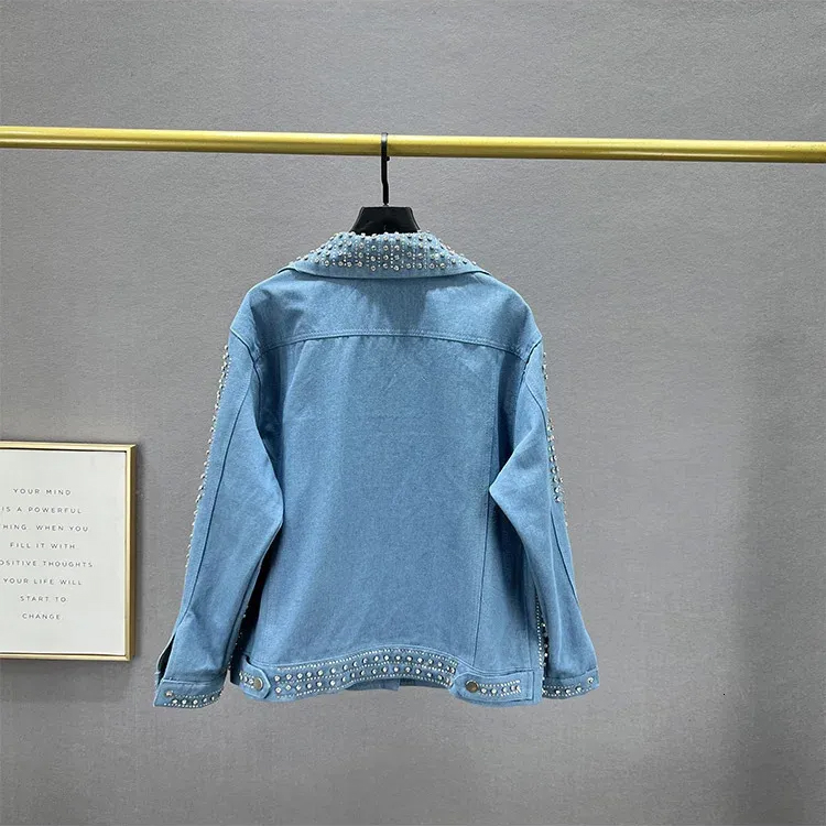 Women's Denim Jacket - Streetwear Rivet Spliced Collar Fashion Loose Fit Long Sleeve Coat