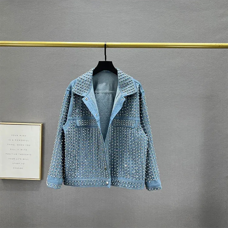 Women's Denim Jacket - Streetwear Rivet Spliced Collar Fashion Loose Fit Long Sleeve Coat