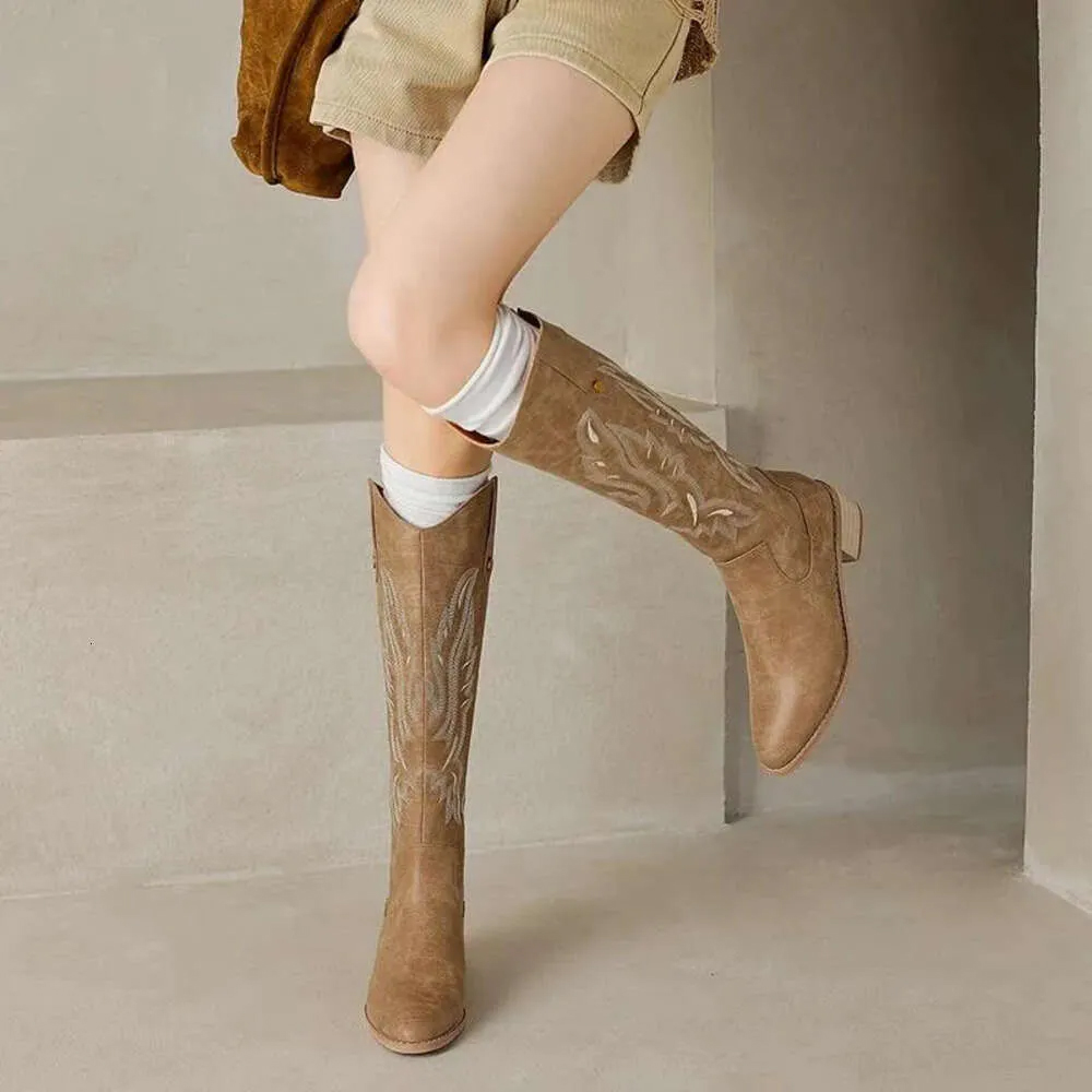 Women's Knee-High Western Embroidered Boots with Split Leather Round Toe Chunky Heels Perfect for Autumn Winter