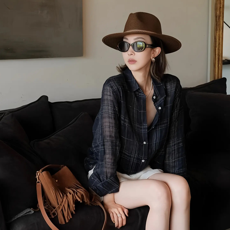 Plaid Shirt Women's Thin Sun Protection Cardigan Linen Plaid Shirt Women's Long Sleeve Top