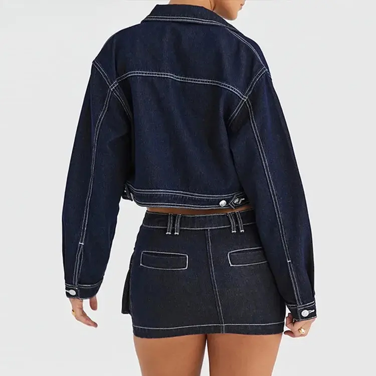 Women's Cropped Denim Jacket - Vintage Zipper Pocket Lapel Long Sleeve Loose Casual Spring Outerwear