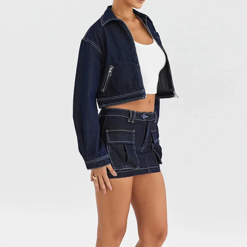 Women's Cropped Denim Jacket - Vintage Zipper Pocket Lapel Long Sleeve Loose Casual Spring Outerwear