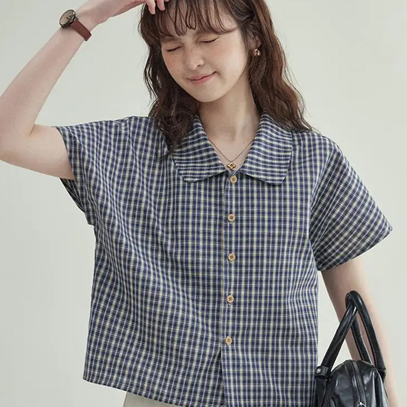 Women's Vintage Plaid Shirt Casual Loose Summer Short Sleeve Shirt College Style Women's Simple Retro Button