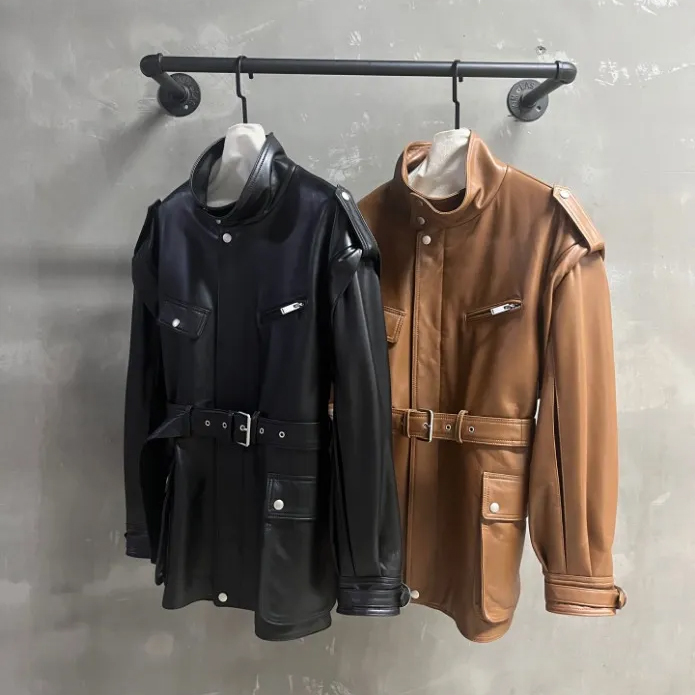 Autumn Solid Color Belted Genuine Leather Jacket Long Sleeve Stand Neck Double Pockets Classic Jackets Coat Short Outwear
