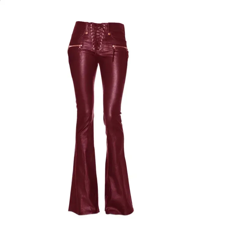 Women’s Leather Pants - Punk Rock Sexy Bandage Motorcycle High-Waist Lace-Up Flare Trousers