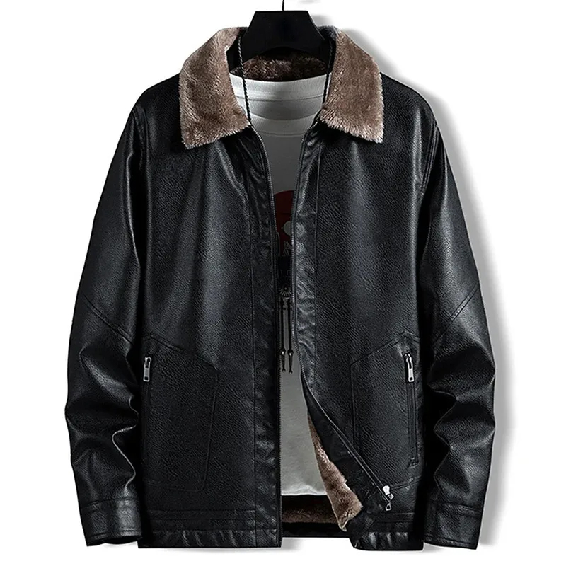 Vintage Leather Jacket For Men AutumnWinter Faux Fur Collar Windproof Warm Coat Men Fashion
