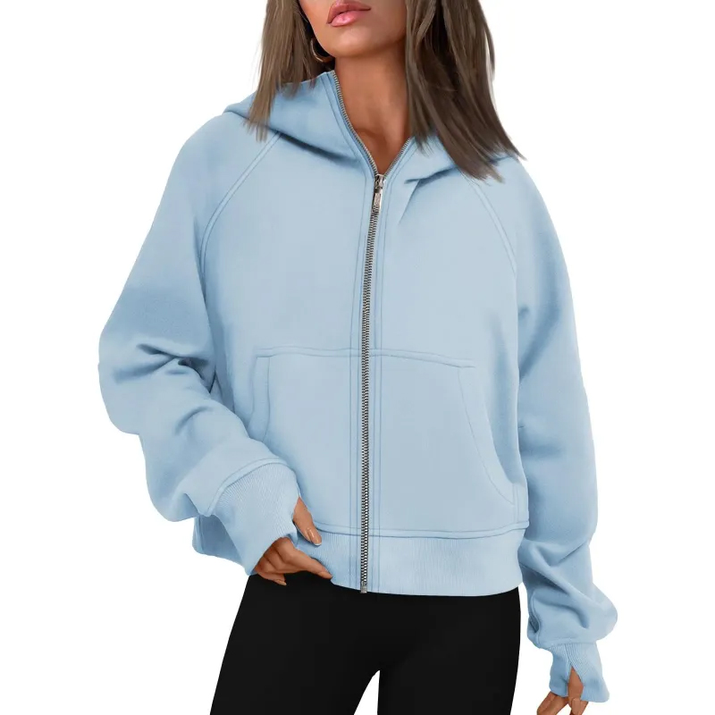 Women's Cropped Zip Up Hoodie Solid Color Hooded P...