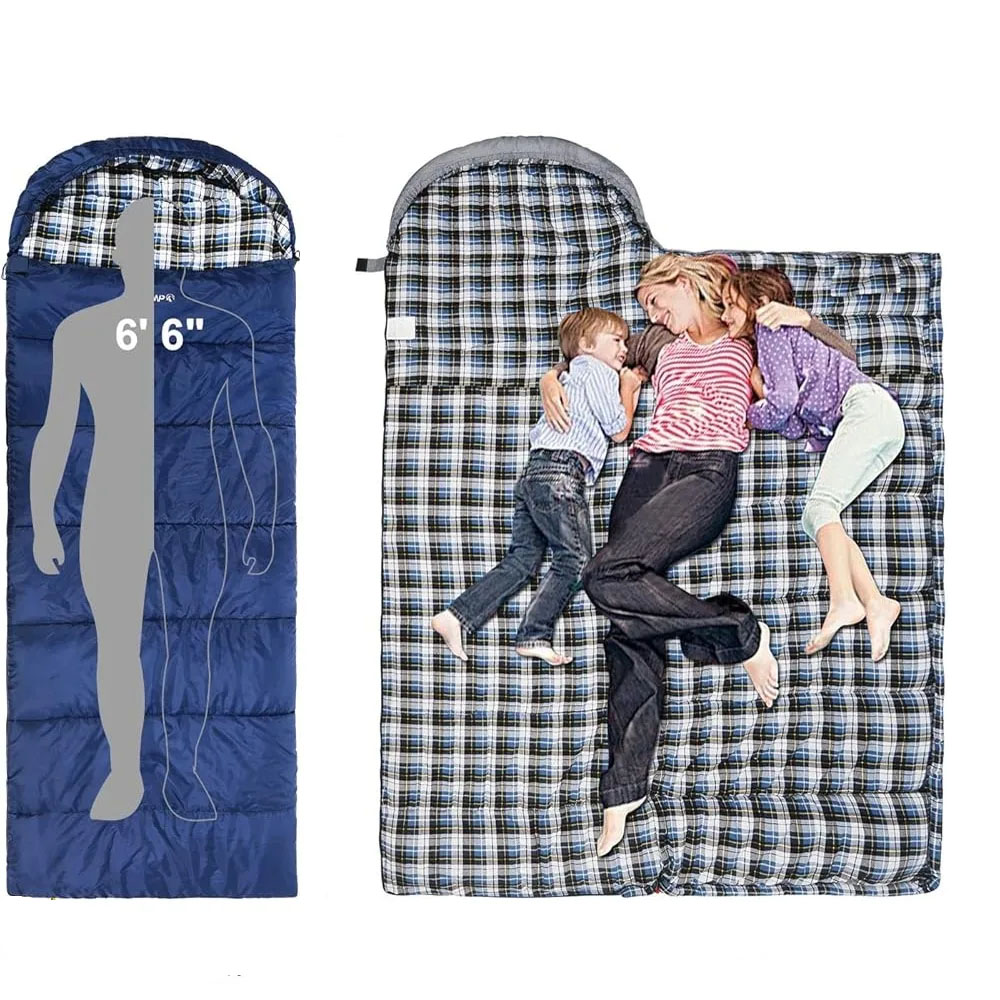 Comfortable Flannel Sleeping Bag Adults Warm Cotton Camping Hiking Detachable Hood 2-Way Zipper Internal Pocket Compression Bag