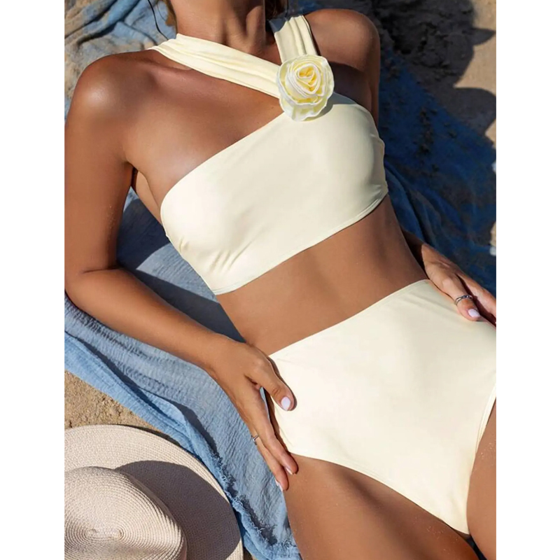 Elegant Women's One-Piece Swimsuit Sexy White Rose Temptation Asymmetric Shoulder Pad Beachwear