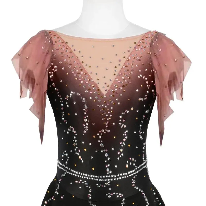 Figure Skating Dress Women Ice Skirt Sleeveless Gradient Short Sleeve Backless Diamonds Mesh