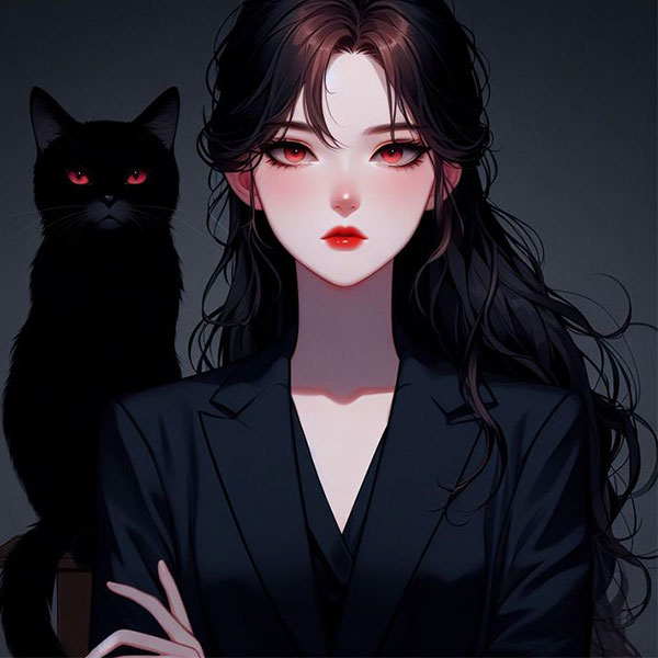 Dark Night Red Eyed Girl and Cat