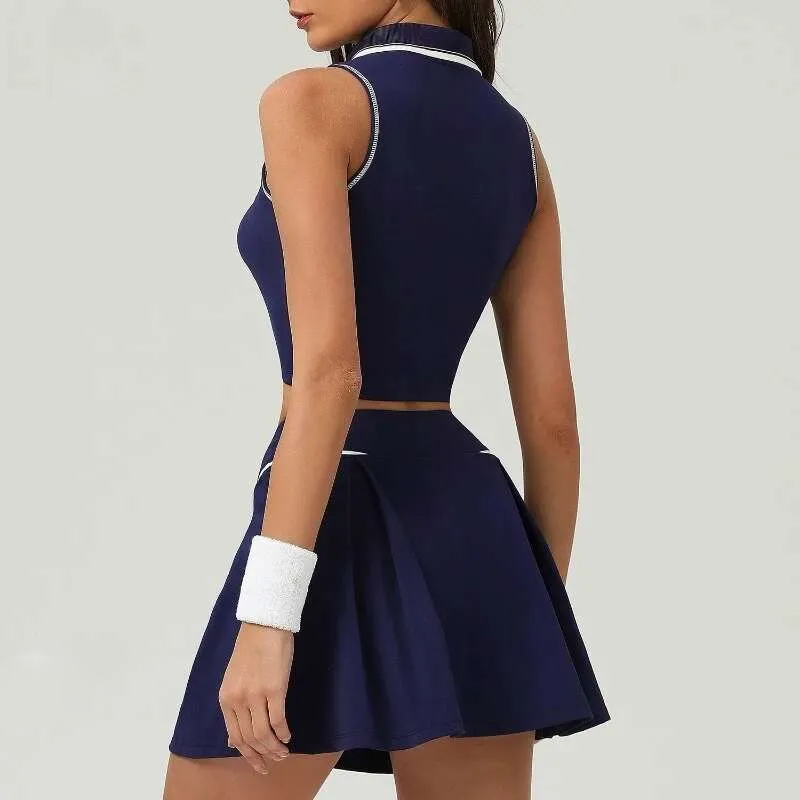 Women’s Tennis Set with Polo Neck, Sleeveless V-Neck Tops, High-Waist Skirts for Golf, Badminton, and Gym Training