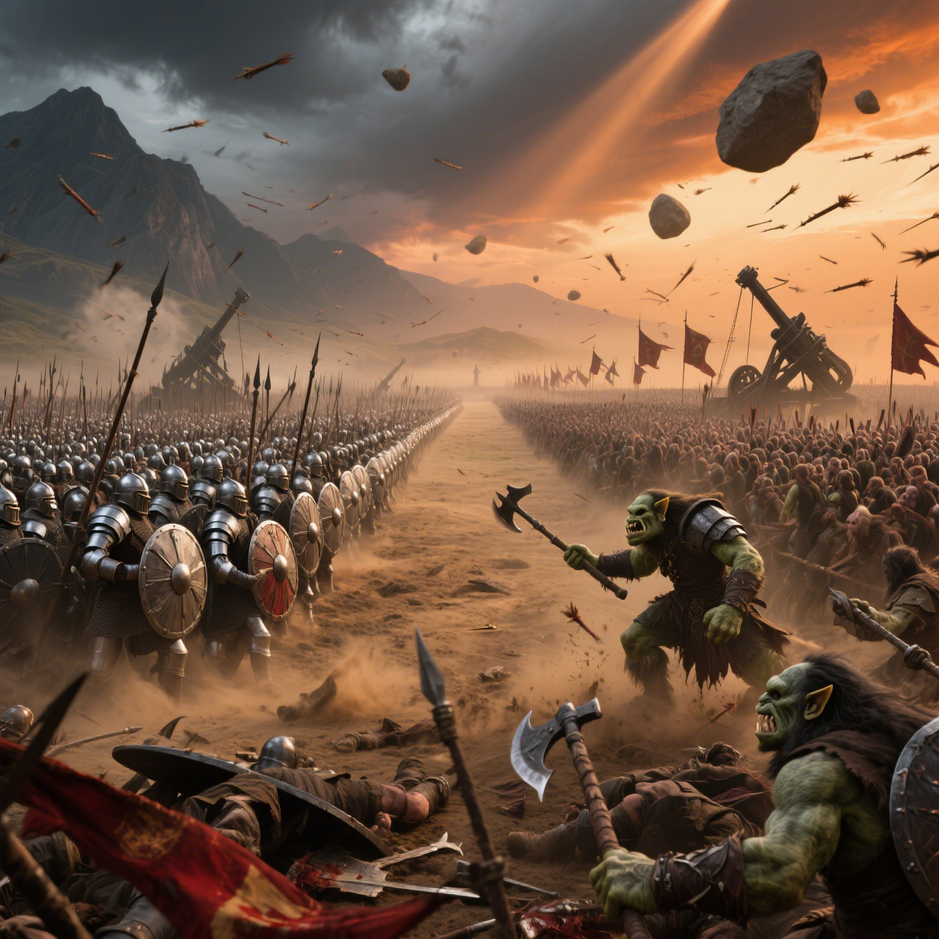 Human Army Battles Against Orc Army