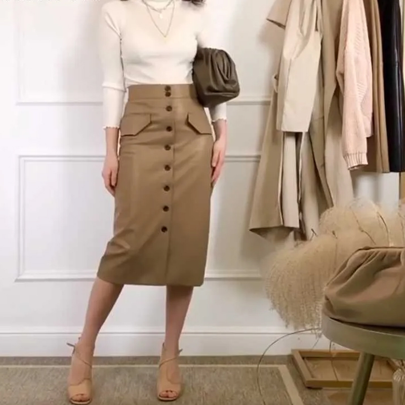 Elengant High Waist Leather Penci Skirt Women Multi Button Wrapped Skirts