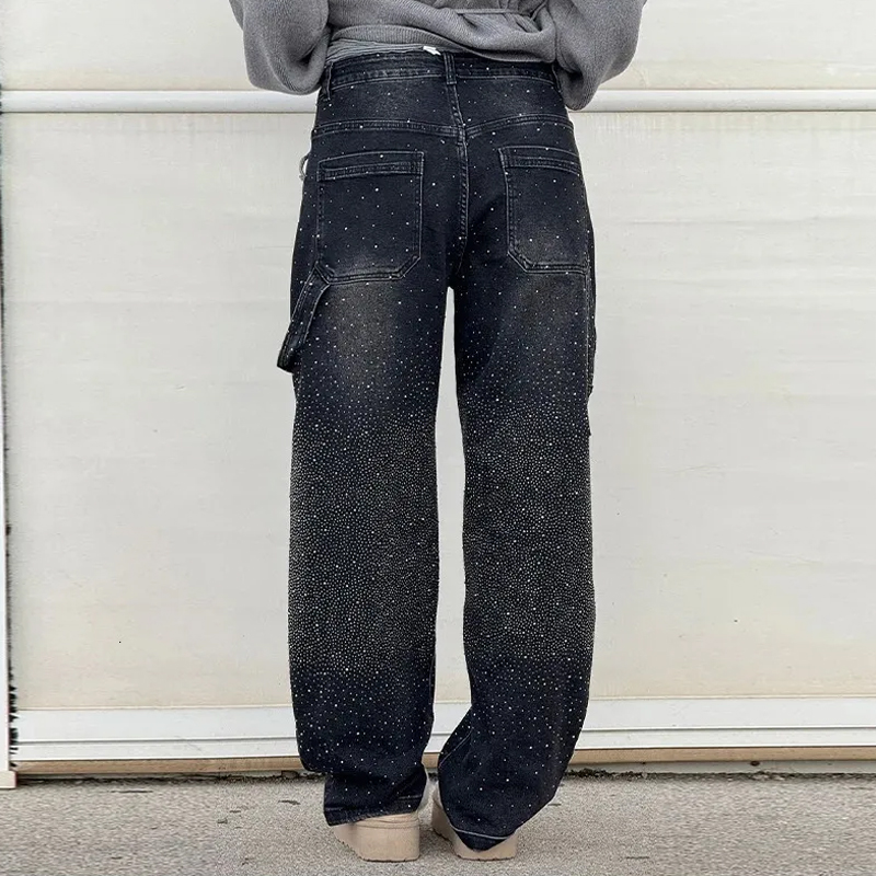 Chic Rhinestone Women's Jeans Street Oversize Loose Shining Female Wide Leg Pants Spring Summer Lady Denim Trousers
