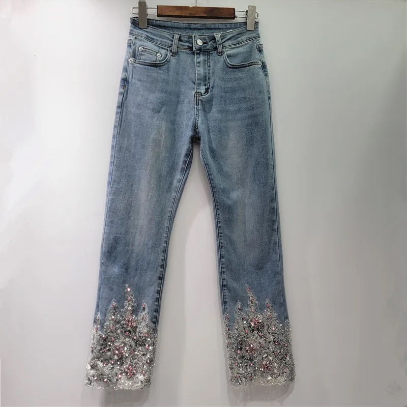 Solid Slimming Spliced Bead Jeans For Women Elegan...