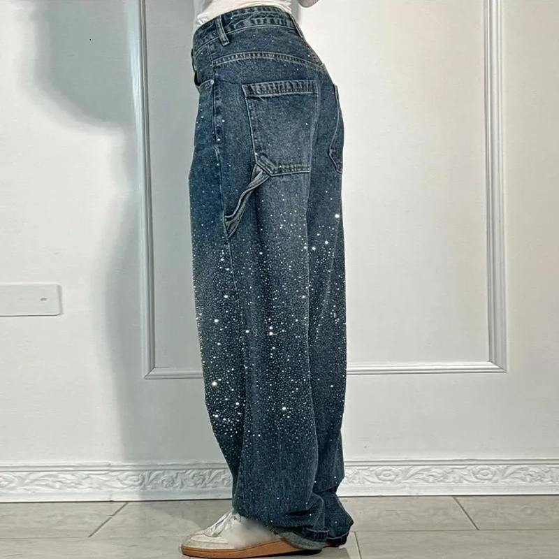 Chic Rhinestone Women's Jeans Street Oversize Loose Shining Female Wide Leg Pants Spring Summer Lady Denim Trousers