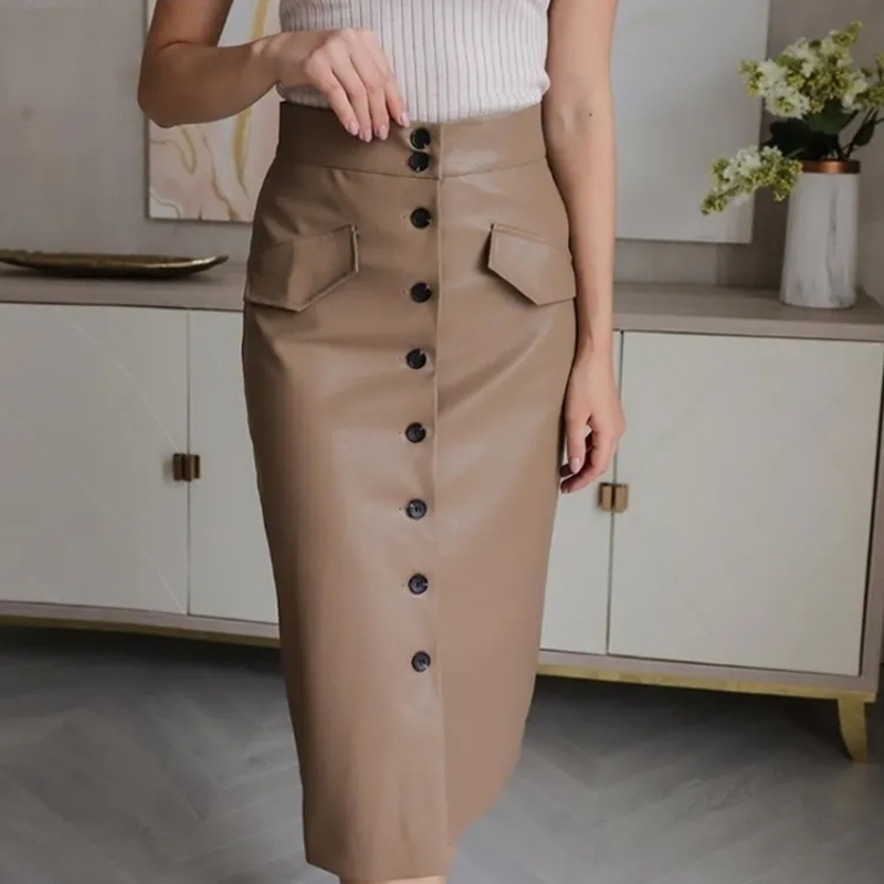 Elengant High Waist Leather Penci Skirt Women Multi Button Wrapped Skirts