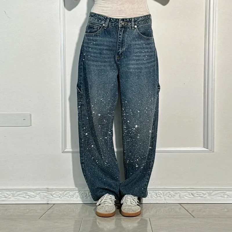 Chic Rhinestone Women's Jeans Street Oversize Loos...