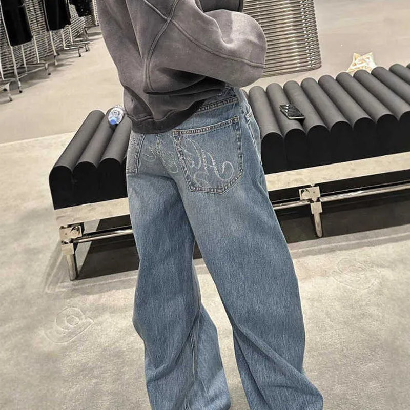 Spring/Summer Style Diamond Medium High Waist Wide Leg Jeans Bent Knife Casual Flowy Pants Women