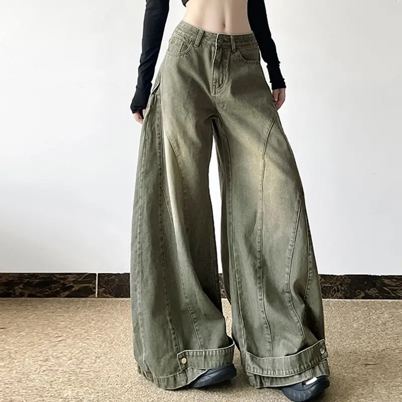Street Style Do Old Jeans Women Washed Oversized Wide Leg Denim Pants American Retro Chic Spice Girl Scimitar Jeans