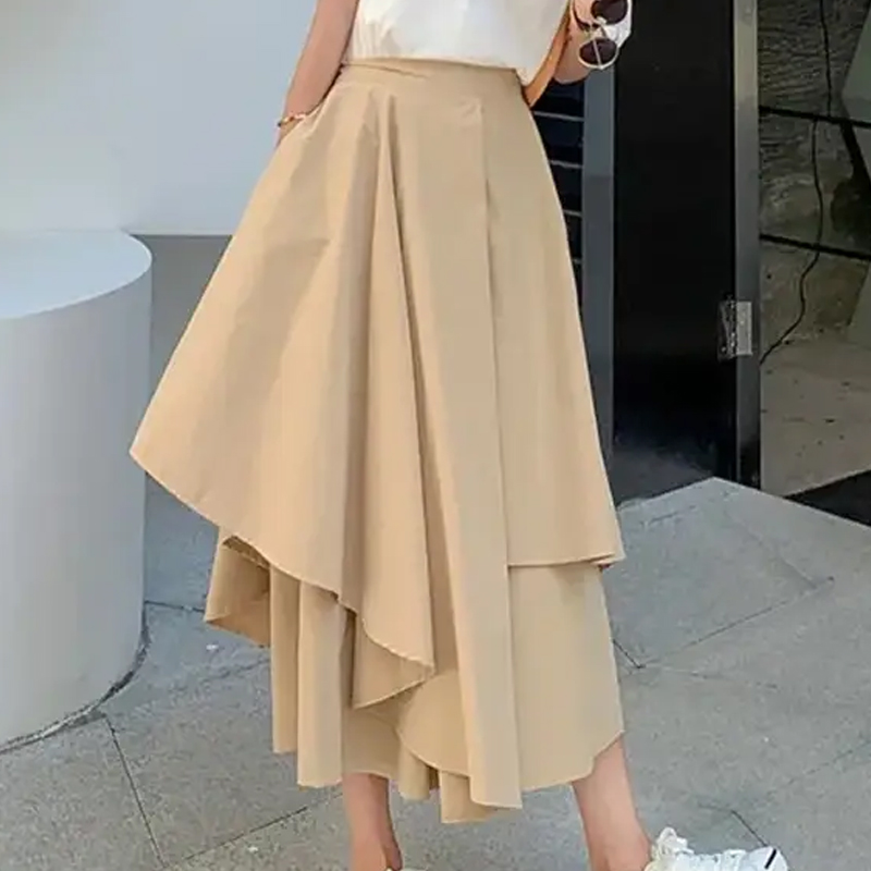 Solid Color Skirt With Asymmetrical Design, High Waist, Elegant And Casual Style