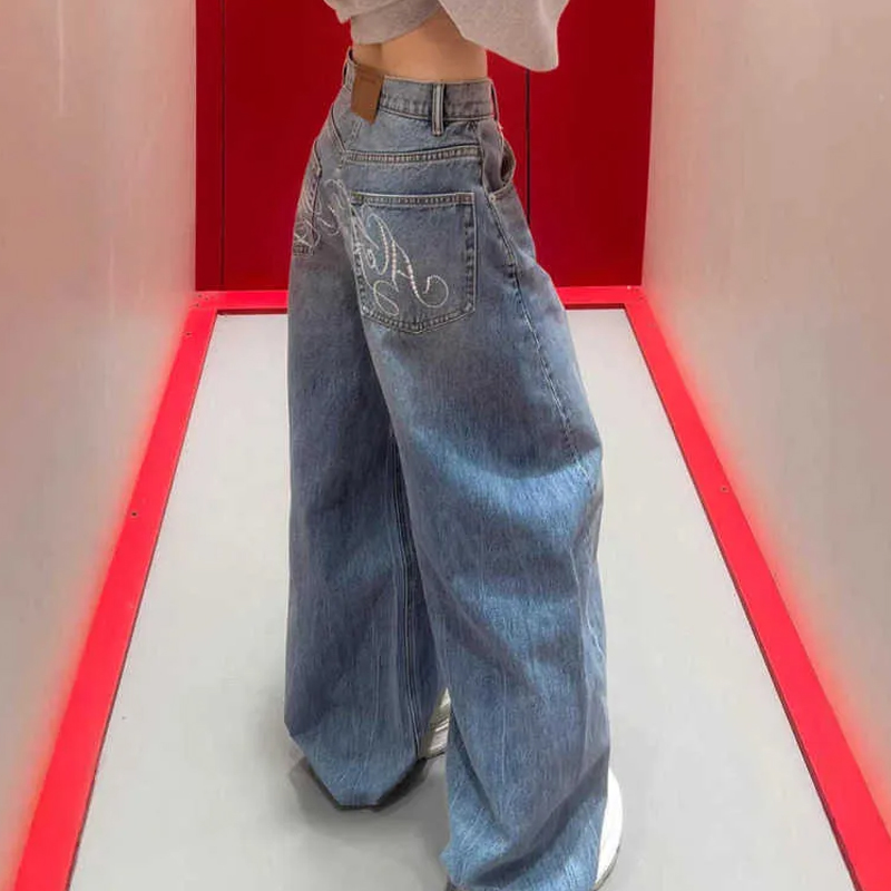 Spring/Summer Style Diamond Medium High Waist Wide Leg Jeans Bent Knife Casual Flowy Pants Women