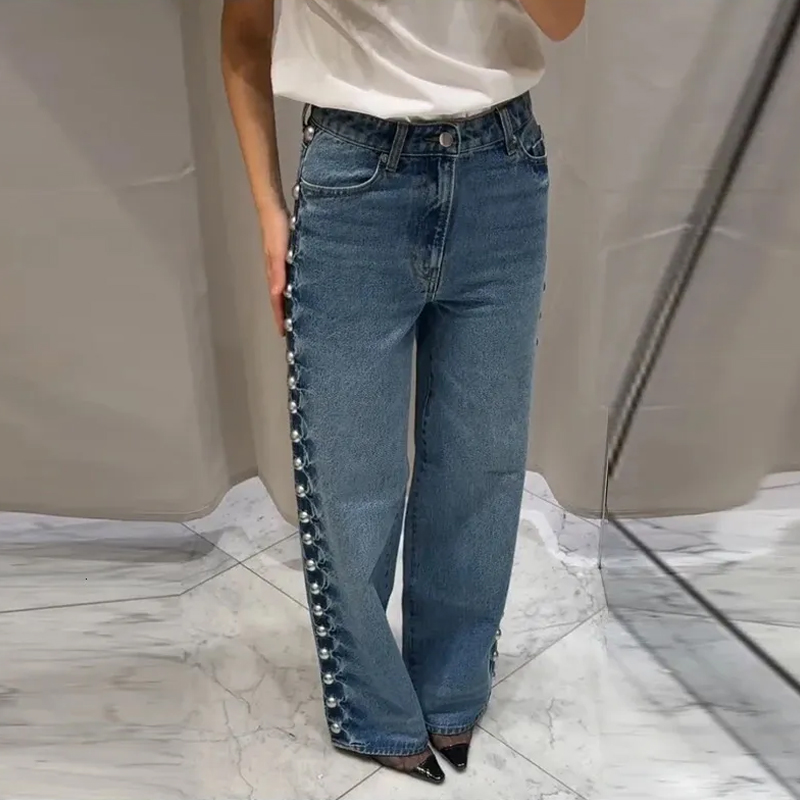 Women's Denim Jeans Loose High Waisted Pocket Zipper Straight Leg Trouser
