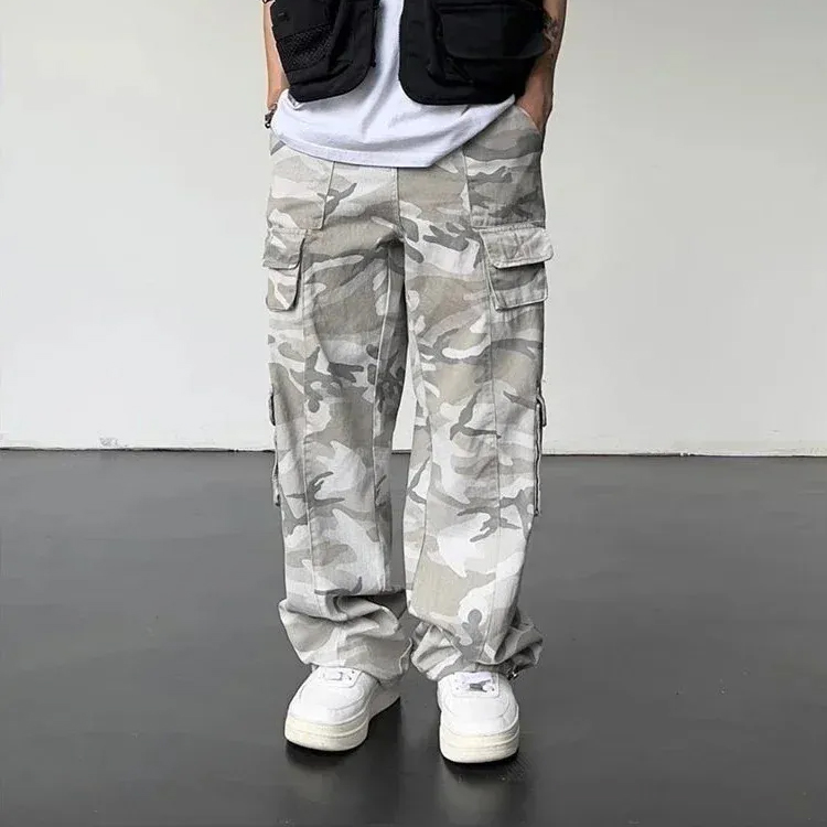 Male Trousers Hip Hop Men's Cargo Pants Camouflage Camo Straight Wide Loose Clothing Aesthetic ner Regular Fit Fashion Long