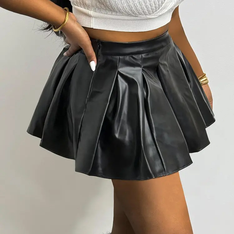 Sexy PU Pleated Mini Skirts Women Spring Summer Casual Faux Leather Basic Solid Black Big Size Skirt Female