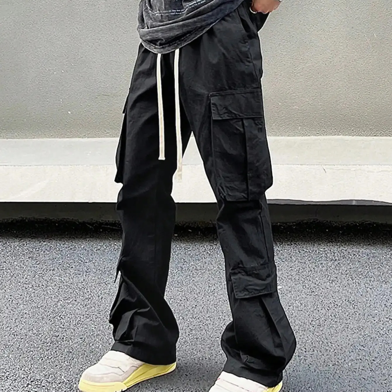 Solid Men's Drawstring Cargo Pants Multi Pocket Design All Season Outdoor