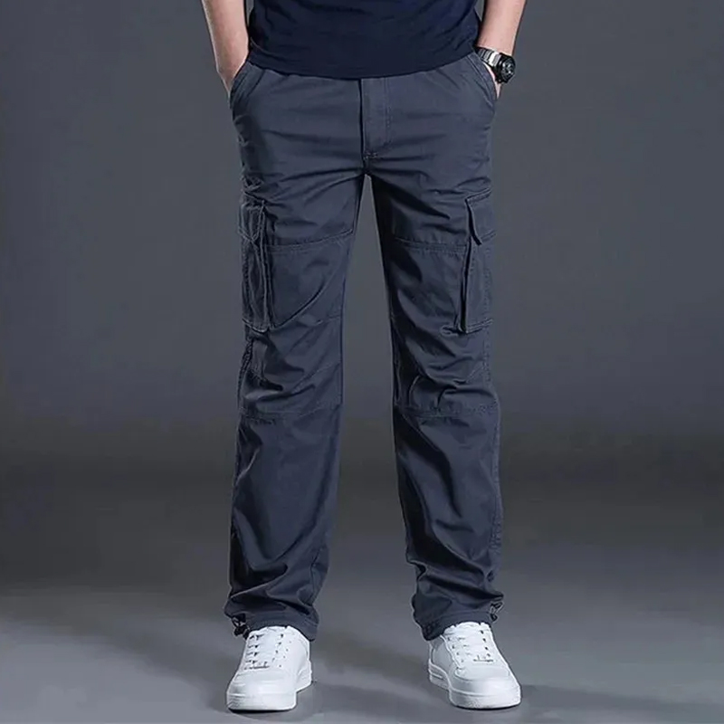 Solid Cotton Multi Flap Pockets Men's Straight Leg Cargo Pants Loose Casual Outdoor Pants