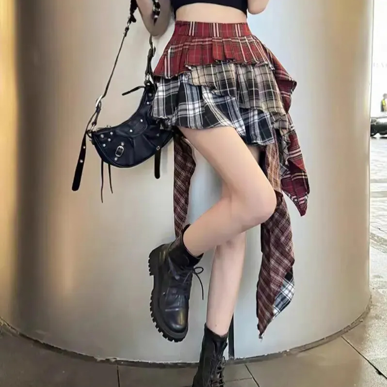 Skirt For Women Summer Autumn Plaid Patchwork Tass...