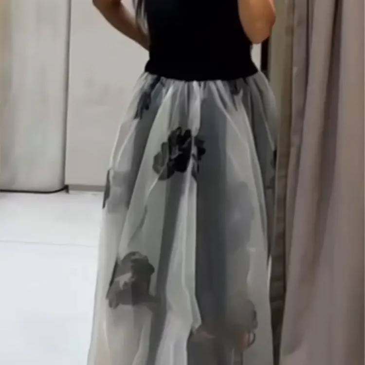 Women Summer Fashion Simple Printed Transparent Hard Yarn Skirt Female Elegant Elastic Waist Pleated Long Skirt
