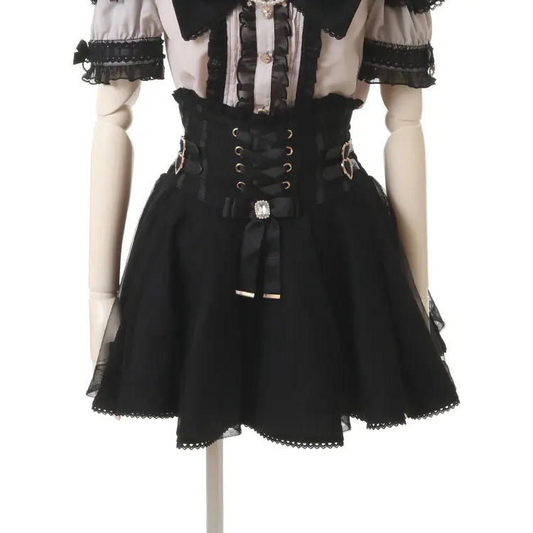 Summer Lace Edge Leather Ring High Waist Pleated Skirt Ribbon Bow All-match Short Skirts Big Bow