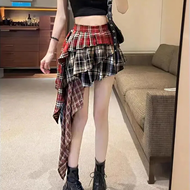 Skirt For Women Summer Autumn Plaid Patchwork Tassel Sexy Mini Short