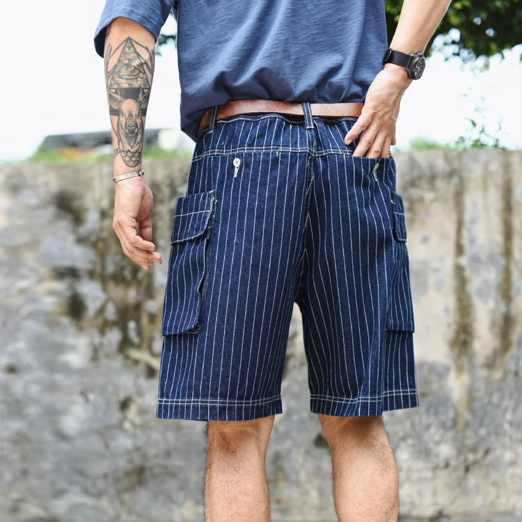 Men Short Summer Stripe Denim Short Multiple Packets Vintage Knee Length Loose Shorts