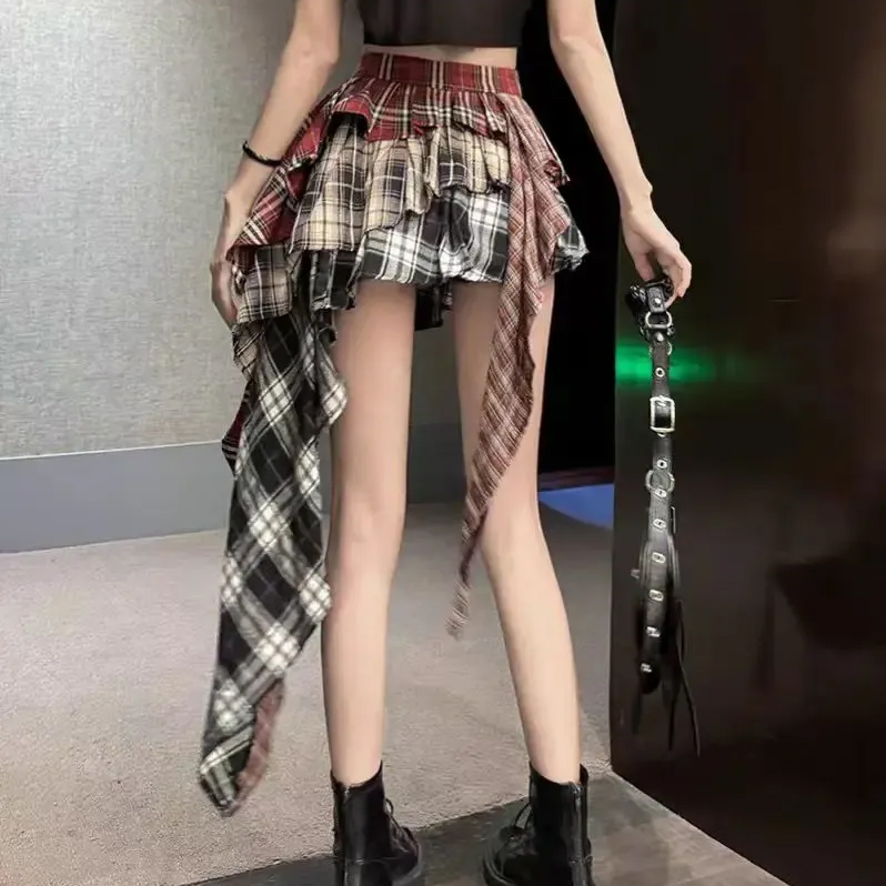 Skirt For Women Summer Autumn Plaid Patchwork Tassel Sexy Mini Short
