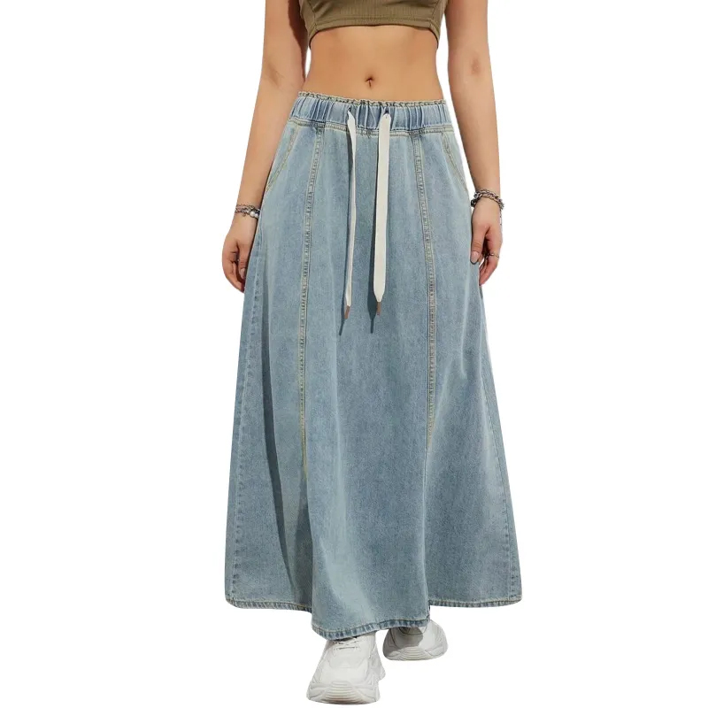 Skirts Solid Color Denim Long Women Elastic Drawst...