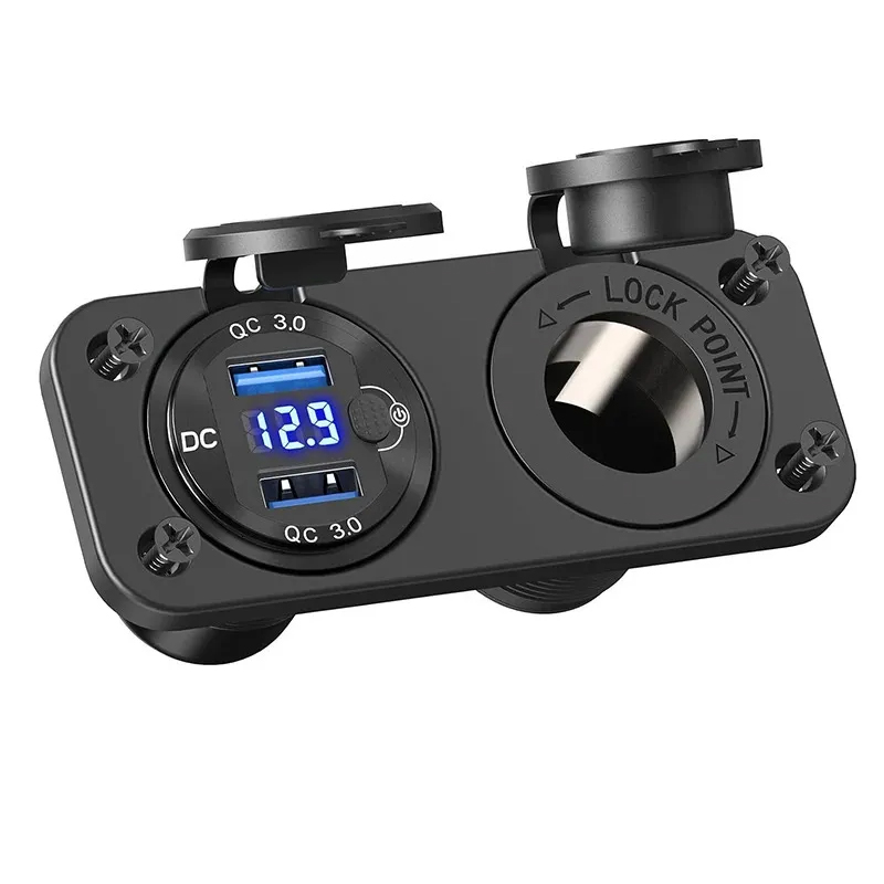 12V QC3.0 Dual USB Charger Socket Panel with LED Voltmeter Switch Waterproof Cigarette Lighter Splitter