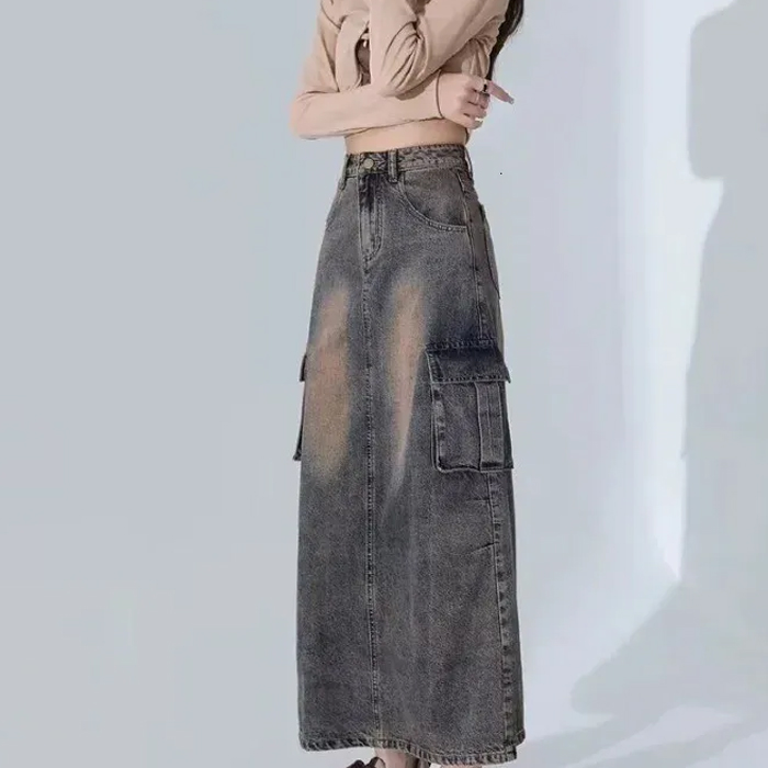 High Street Long Denim Skirt Women Fashion High Waist Slim Maxi Dress Summer Denim Skirts