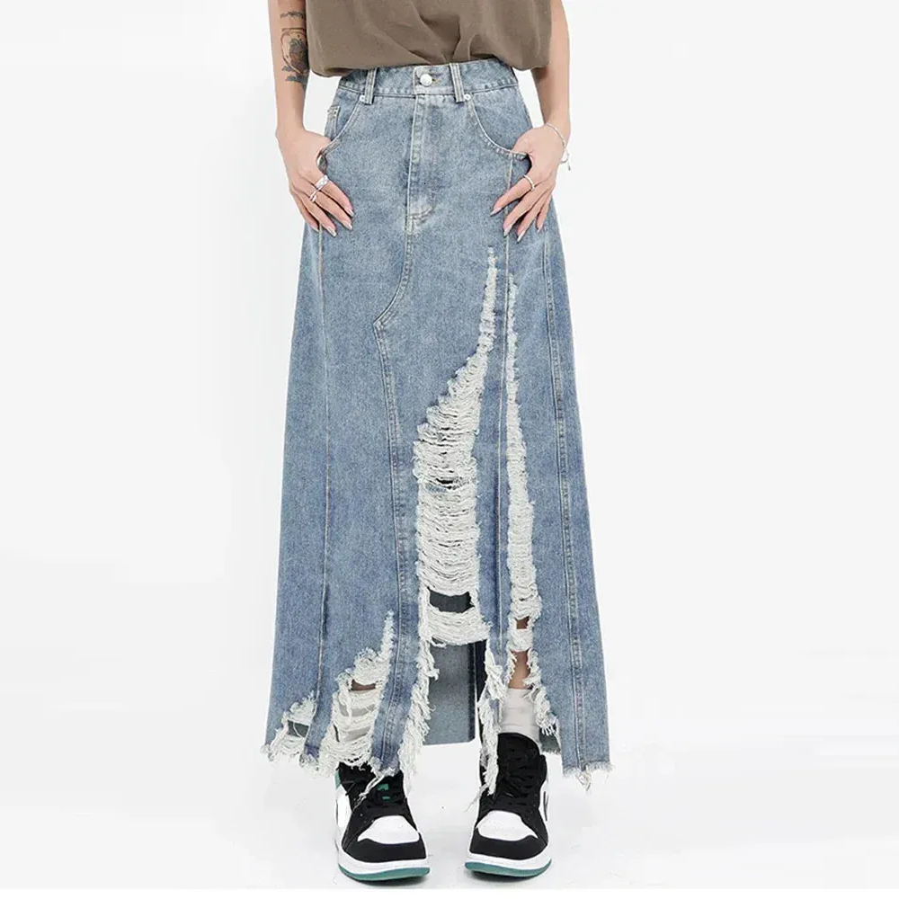 High Waist Denim Holes Irregular Burr Long Casual Half-Body Skirt Women Fashion Tide Summer