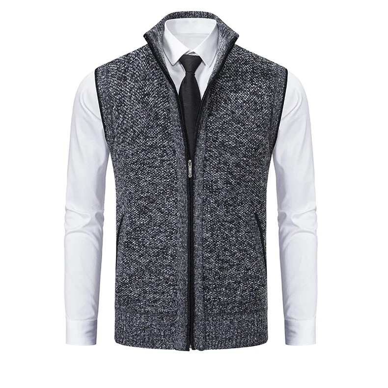 Autumn Winter Knit Vests Coat Men Stand Collar Solid Color Sleeveless Sweater Coat Zipper Cardigan Waistcoat