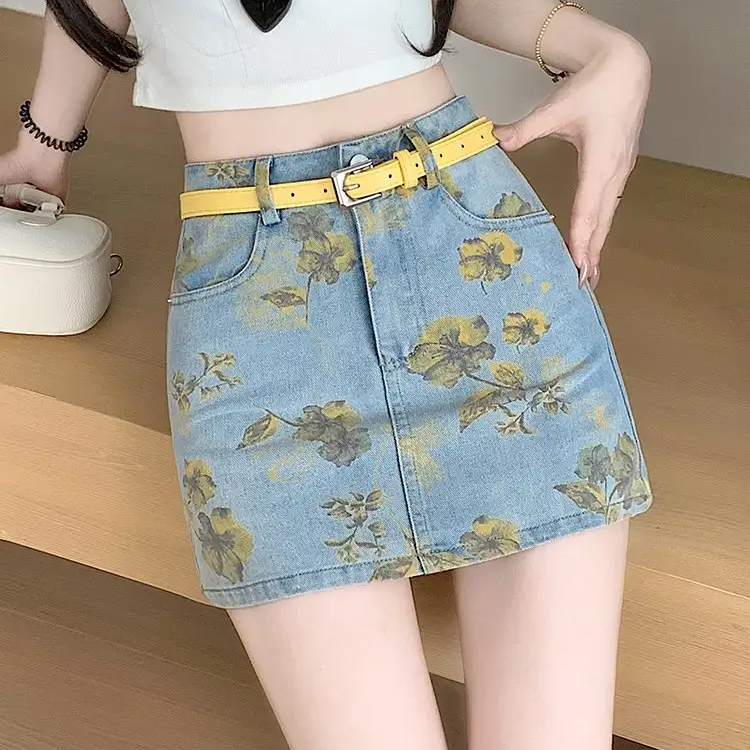 Vintage Tie-Dye Washing Woman Denim Short Skirt With Belt Summer High Waist Streetwear Retro Jean Skirts Lady