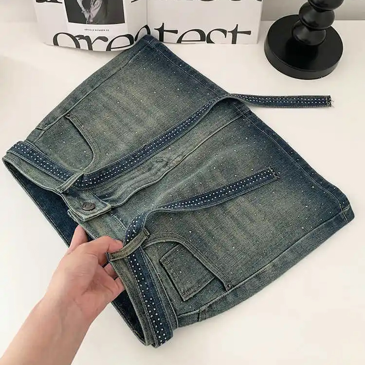 Rhinestone Denim Skirt Women Belt Gradient Short Skirts Fashion Retro Sequined Female Jeans Skirt
