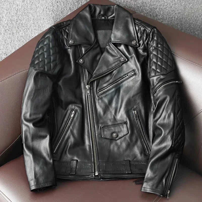 Motorcycle Jacket First-Layer Cowhide Leather Jacket Men's Slim-Fit Lapel Multi-Pocket Fashion Coat Handsome